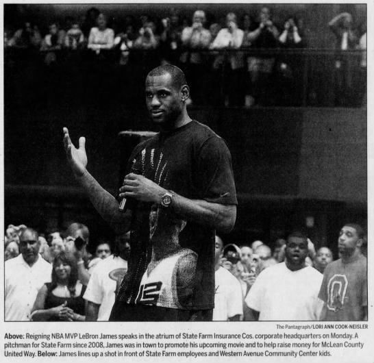 Reigning NBA MVP LeBron James speaks in the atrium of State Farm Insurance